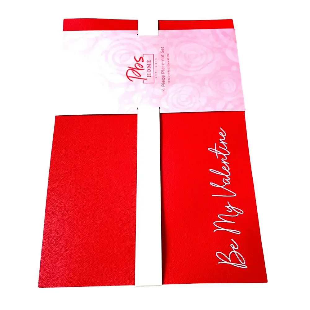 Faux Leather Valentines Day Placemats Red & White Embroidered 13x19 Set of 4 New